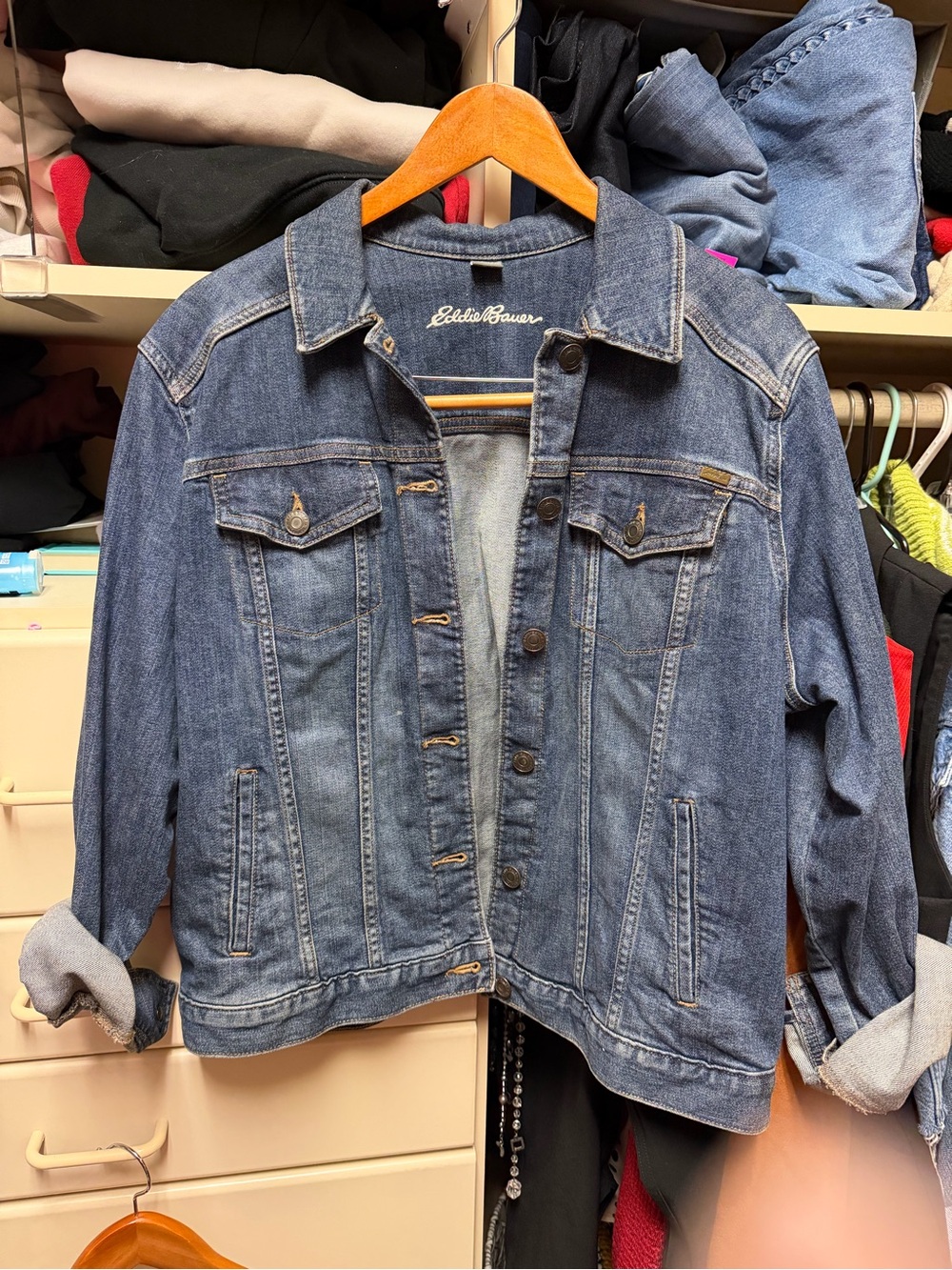 Eddie Bauer Dark Blue Denim Jacket with Contrast Stitching